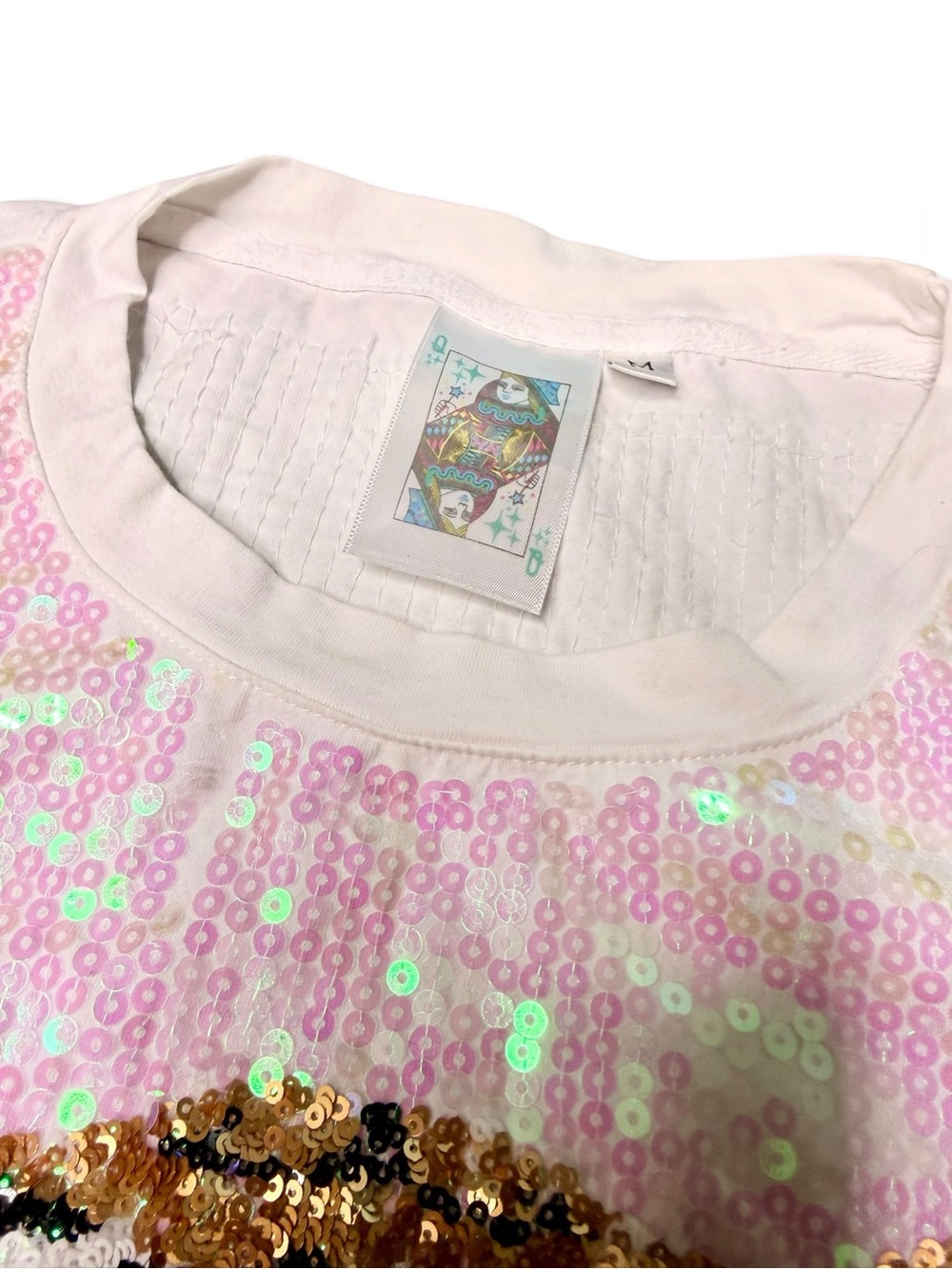 Queen of Sparkles White Iridescent Sequin Tiger Face T-Shirt Dress Size M - Picture 3 of 11